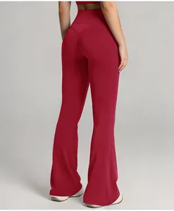 High-waisted wine red flared yoga pants with butt-lifting fit for women
