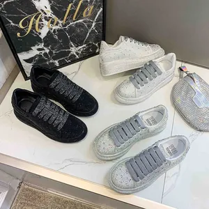 Luxury full rhinestone platform sneakers in black white and iridescent silver