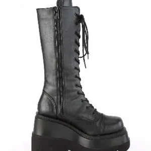 Gothic Platform Knee High Boots For Women Chunky Heel Side Zip Lace Up Punk Biker Knight Boots Black PU Leather Footwear