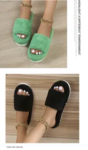 Detail view of fashionable green and black plush slippers with soft towel texture and thick soles.