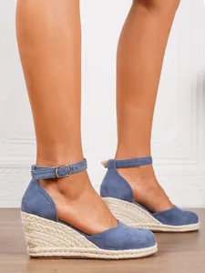 Stylish blue suede women's espadrille wedge sandals with buckled ankle strap detail