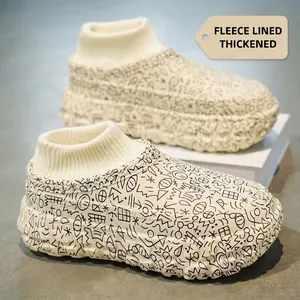 Fleece-lined platform slippers with doodle pattern and knit collar