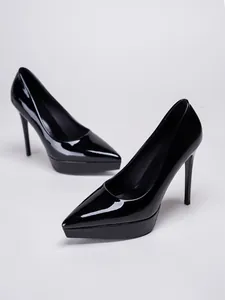 Elegant black patent leather platform pumps with pointed toe and ultra-high stiletto heel