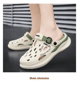 Detailed view of men's summer clogs with breathable holes and buckle strap