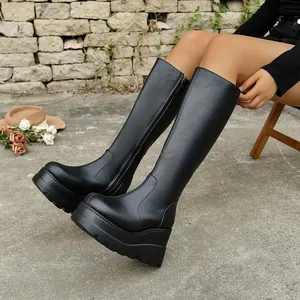 Black gothic platform knee-high boots with thick soles and side zippers for women