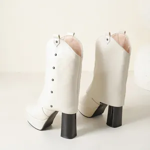Vista detallada de botas con plataforma crema y tacón alto negro grueso con tachuelas.