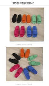 Overview of vibrant fuzzy open-toe slippers with thick soles in multiple colors.