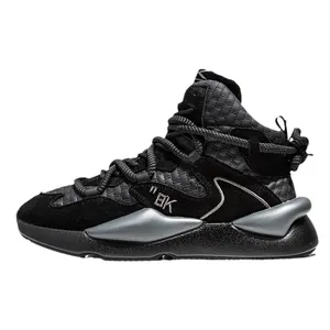 Premium black chunky high-top sneakers for men with silver accents and thick rope laces