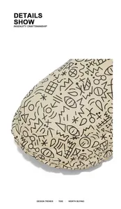 Close-up detail of winter cotton slippers featuring black graffiti doodle pattern on beige