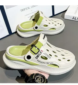 White and green breathable men's clog sandals with sporty thick sole for summer wear
