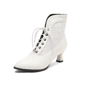 Side view of elegant white Victorian lace ankle boots with kitten heels and pointed toes