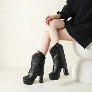 Detalle de botines negros con plataforma y tacón grueso, tachuelas y diseño estilo western