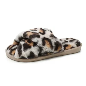 Close-up of stylish leopard print faux fur cross-strap slippers for indoor wear