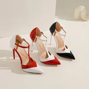 Elegant multi-color patchwork T-strap pointed-toe stiletto high heel pumps
