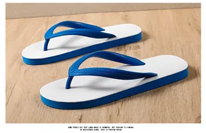 Detailed view of durable blue and white flip-flops on a rustic wooden surface