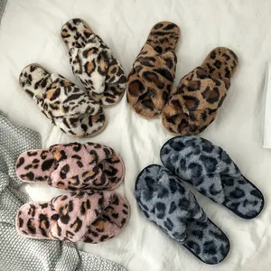 Detailed top view of faux fur leopard print cross strap slippers in multiple colors