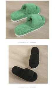 Cozy fuzzy open-toe slippers in green and black with stylish thick soles for women