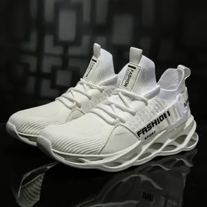 Breathable white knit sneakers featuring a unique hollow shock-absorbing sole design