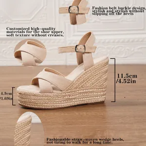 Beige Wildleder Keilsandaletten mit Strohsohle, 11,5 cm Absatz und Plateau