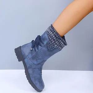 Stylish blue mid-calf boots for women featuring a knitted collar and lace-up details