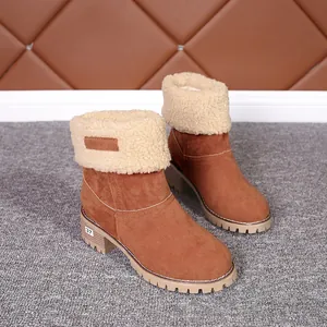 Detailansicht brauner Wildleder-Winterstiefel mit kuscheligem Plüschpelz und Blockabsatz.