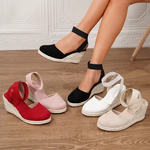 Sandalias de Cuña para Mujer Casual Lona Punta Redonda Verano Playa Vacaciones Plataforma con Correa Elástica al Tobillo