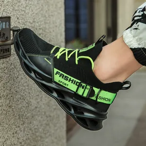 Lightweight black and neon green athletic sneakers with chunky hollow soles