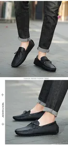 Vue détaillée de mocassins noirs pour hommes avec nœud papillon et semelle à picots