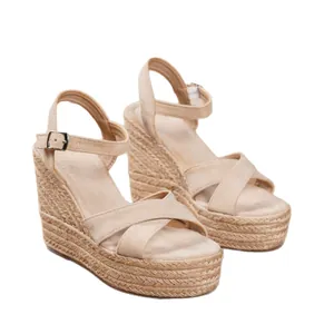 Beige Damen Espadrilles Sandalen mit Keilabsatz, Plateau und verstellbarem Knöchelriemen