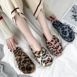Women Leopard Print Cross Strap Plush Indoor Slippers Faux Fur Open Toe Warm Anti-Slip House Shoes Winter Bedroom Soft Slippers