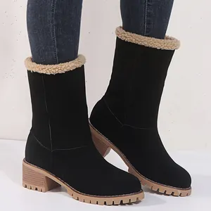 Detailed view of women's black mid-calf snow boots with faux fur lining and block heel