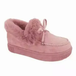 Side view detail of pink suede snow boots featuring plush faux fur trim and ribbon bow