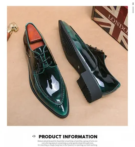 Detailed view of shiny gradient teal pointed-toe men's formal dress shoes with lace-up closure.