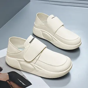 Women Casual Shoes PU Leather Thick Sole Non-slip Work Shoes For Kitchen Office Black Beige Fashion Hook Loop Sneakers