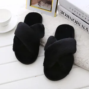 Detailed macro view of black cross strap faux fur slippers showing soft plush texture