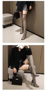 Prachtige over-the-knee mesh laarzen met sprankelende strass-steentjes en naaldhakken
