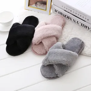 Plush cross strap slippers in black, pink, and grey for indoor comfort