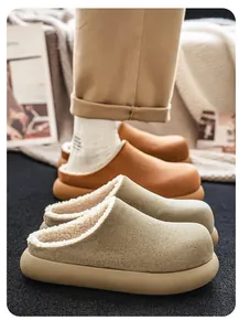 Detail of plush-lined thick-sole cotton clogs showing soft texture and warm lining