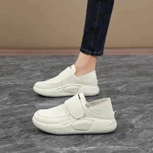 Comfortable cream leather non-slip casual work shoes for women with velcro straps