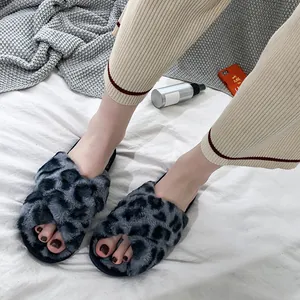 Close-up of grey leopard print fuzzy open-toe slippers with cross-strap design for women