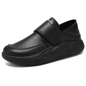 All black non-slip leather work shoes for women with hook and loop closure autumn design