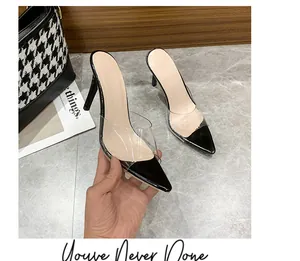 Κομψά μαύρα mules με μυτερή μύτη, διάφανη φάσα PVC και ψηλό τακούνι στιλέτο