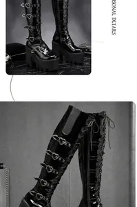 Détails des bottes hautes Y2K punk noires avec plateforme épaisse et boucles de cœur