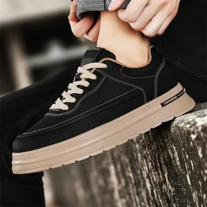 Professional men's black Harajuku style casual sneakers with thick tan rubber sole