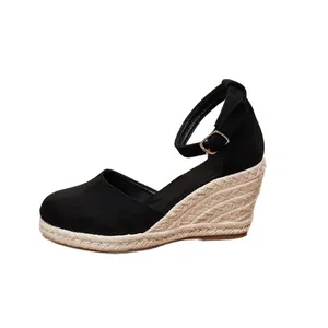 Elegant women's black canvas espadrille wedge sandals with buckle ankle strap and round toe