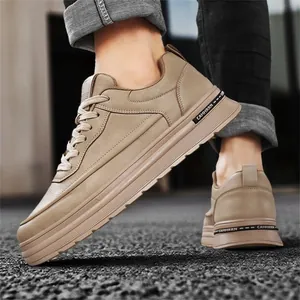Men's khaki leather casual board shoes with thick sole and Harajuku style design