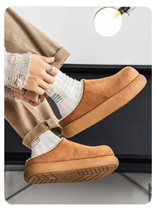 Side view of high-quality brown suede platform cotton mules for men in winter