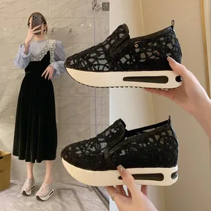 Stylish black mesh platform shoes with lace and sequin details for women's spring fashion