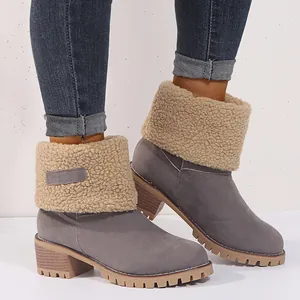 Detail view of grey winter snow boots for women featuring warm faux shearling collar