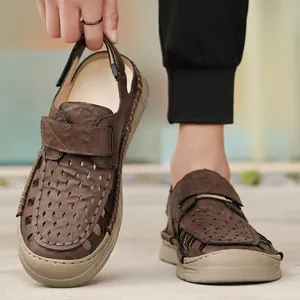 Stylish men's breathable hollow brown leather sandals for summer outdoor beach casual wear